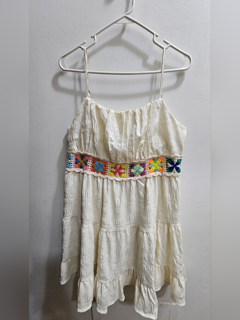 Beautiful Cream Spaghetti-Strap Tiered Dress with Multicolor Embroidered Waist - Picture 3 of 7